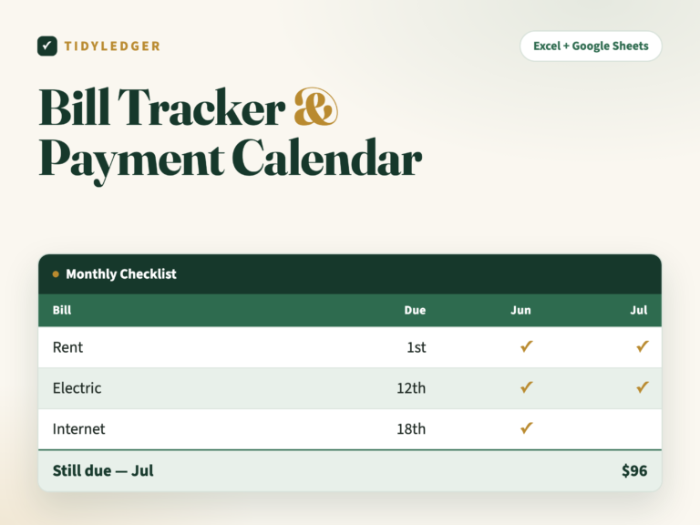 Bill Tracker and Payment Calendar spreadsheet — monthly checklist