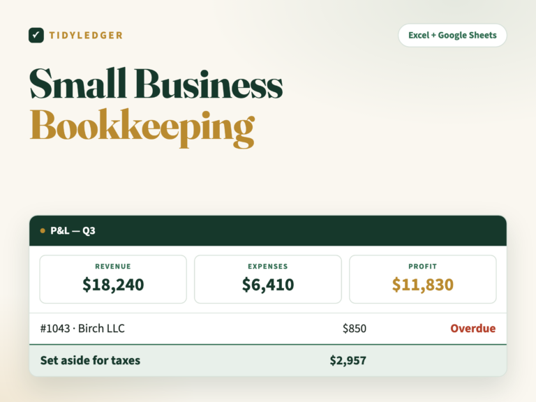 Small Business Bookkeeping spreadsheet — profit and loss dashboard with tax estimator