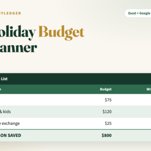 Holiday Budget Planner spreadsheet — gift list with budgets and wrapped checkmarks
