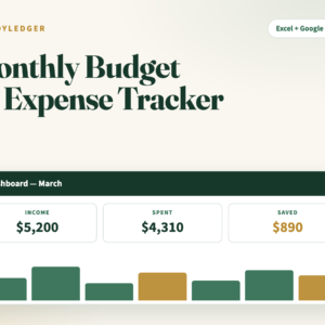 Monthly Budget and Expense Tracker spreadsheet — dashboard with income, spent and saved