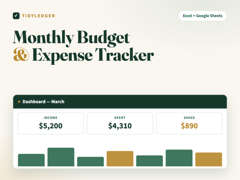 Monthly Budget and Expense Tracker spreadsheet — dashboard with income, spent and saved