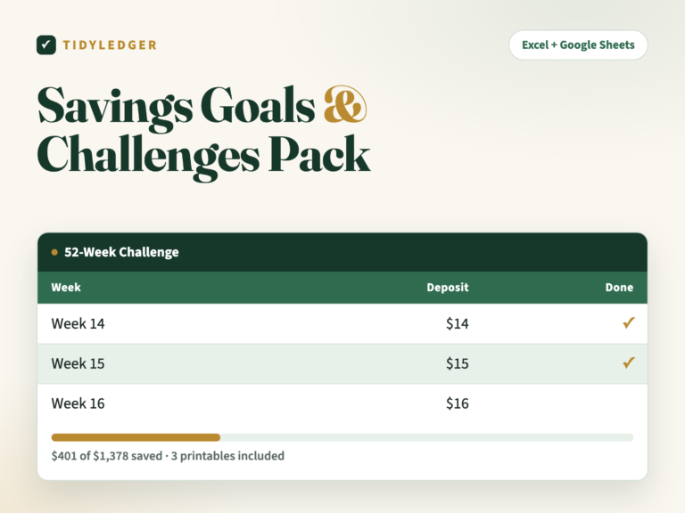 Savings Goals and Challenges Pack — 52-week challenge tracker with printables